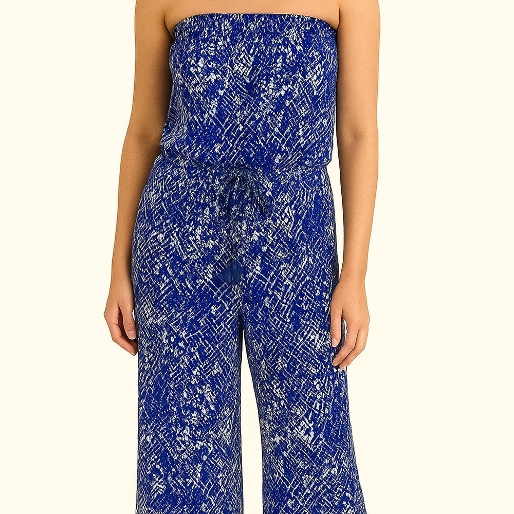 Diane Von Furstenberg Ani Blue and White Print Strapless Jumpsuit Size S - Picture 2 of 14